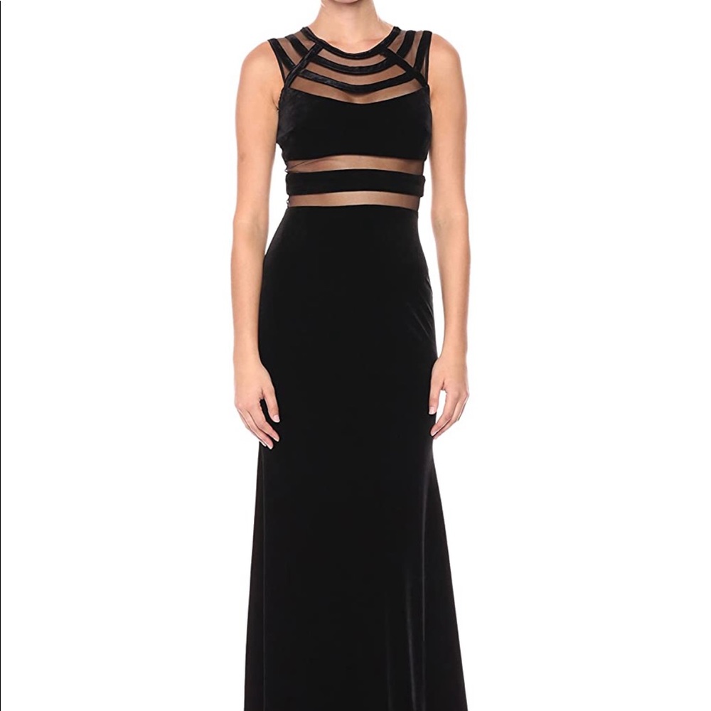 Betsy & Adam Long Black Velvet Dress with Mesh